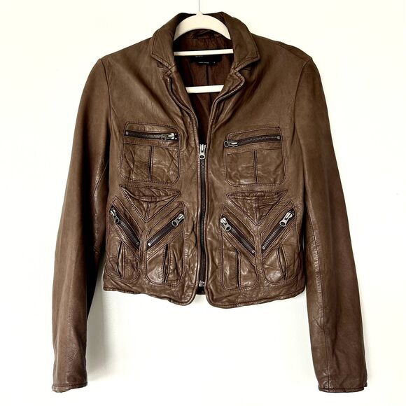 BCBGMAXAZRIA Brown Leather Moto Jacket Small Distressed Zip Pockets Boho Biker - Picture 7 of 9